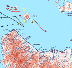 Second phase of the engagement, 23:30 - 02:00, November 14-15.  Red lines are Japanese warship forces and black lines are U.S. warships.  Numbered yellow dots represent sinking warships.  (Click on map for larger image and full description.)