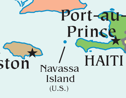 Navassa Island is south of Cuba, east of Jamaica, and west of Haiti.  This map originates with the US government and shows the US claim on the island