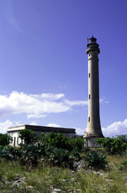 Navassa Island Light. The light keeper's quarters appear in the background.