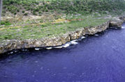 Aerial photo showing the steep rocky coast that rings the island.