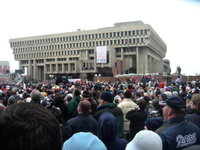 Patriot fans rally in front of Boston City Hall following the 2004 championship