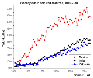 Wheat yields in Mexico, India, and Pakistan, 1950 to 2004