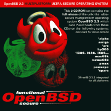 The OpenBSD 2.3 CD cover with the original mascot, before Puffy appeared with release 2.7