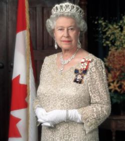 Queen Elizabeth II, Sovereign of the Order, wearing the Sovereign's insignia.