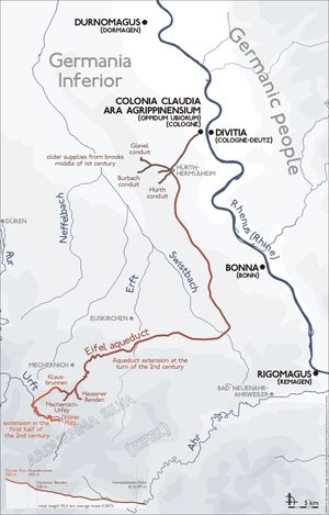 The route of the Eifel aqueduct, with its average slope.