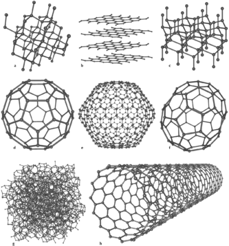 Eight allotropes of carbon: diamond, graphite, lonsdaleite,C60, C540, C70, amorphous carbon and a carbon nanotube.