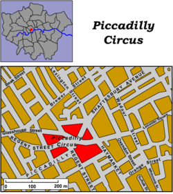 Map of the West End and Piccadilly Circus, 51°30′36″N, 0°8′4″W
