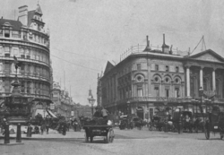 Piccadilly Circus in 1896, with a view towards Leicester Square via Coventry Street. London Pavilion may be seen on the right, and the Shaftesbury memorial fountain on the left.