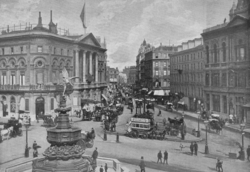 Piccadilly Circus in 1896, with a view towards Leicester Square via Coventry Street. London Pavilion can be seen on the left, and Criterion Theatre on the right.