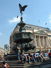 Piccadilly Circus memorial fountain, atop The Angel of Christian Charity, popularly referred to as Eros, one of the first statues to be cast in aluminium