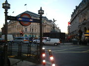 Piccadilly Circus underground station entrance at 1 Piccadilly. Criterion Theatre is on the right.