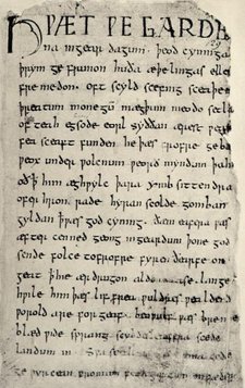 The Old English epic poem Beowulf is written in alliterative verse and in paragraph form, not separated into lines or stanzas.
