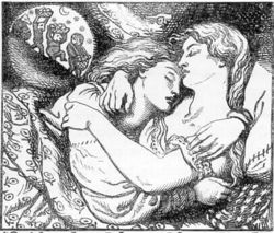 Illustration for the cover of Christina Rossetti's Goblin Market and Other Poems (1862), by Dante Gabriel Rossetti. Goblin Market used complex poetic diction in nursery rhyme form: "We must not look at goblin men, / We must not buy their fruits: / Who knows upon what soil they fed / Their hungry thirsty roots?"