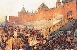 False Dmitriy enters Moscow on June 20, 1605. Painting by Klavdiy Lebedev.