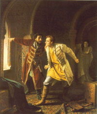 Last minutes of False Dmitriy I by Karl Wenig, painted in 1879. False Dmitriy tried to flee from the plotters through a window, but broke his leg and was shot. After cremation his ashes were shot from a cannon towards Poland.