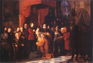 "Shuyski Tsar brought by Zólkiewski to the Sejm in Warsaw before Zygmunt III" by Jan Matejko, oil on canvas.