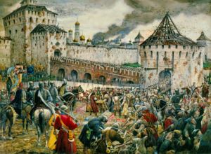 The Poles surrender the Moscow Kremlin to Prince Pozharsky in 1612. Painting by Ernest Lissner.
