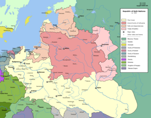 Borders after Treaty of Dywilino of 1618. Territories gained by Poland marked with light pink.