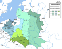 Partitions of Poland, 1795. The colored territories show the greatest extent of the Polish-Lithuanian Commonwealth. Blue (north-west) were taken by Kingdom of Prussia, green (south) by Austria-Hungary, and cyan (east) by Imperial Russia.