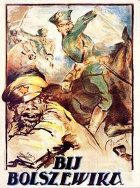 Polish propaganda poster showing Polish cavalry and a Bolshevik soldier with a starred cap. Text reads: "Fight the Bolshevik"