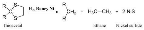 Example of desulfurization of thioacetals using Raney nickel.