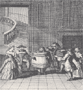 Refinement meets burlesque in Restoration comedy. In this scene from George Etherege's Love in a Tub, musicians and well-bred ladies surround a man who is wearing a tub because he has lost his pants.