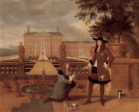 Charles II being given the first pineapple grown in England by his gardener, John Rose. Note also the Cavalier King Charles Spaniels in the foreground.