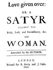 Title page to Robert Gould's 1690 Love Given O'er, the "Satire on Woman."