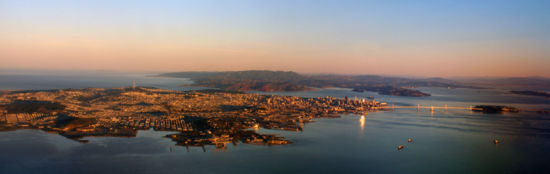 View of San Francisco and the Bay Area, looking northward, towards Marin County from 5,000 feet