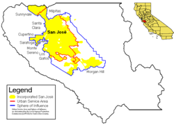Location of San Jose within Santa Clara County, California.