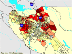 This thematic map shows the large Asian American population in Saratoga, Cupertino, and the North Valley.