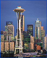 Visitors to Kerry Park on Queen Anne Hill can see the Space Needle, the Downtown Seattle skyline, and Mount Rainier (to the right).