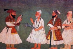 Guru Gobind Singh (with bird) encounters Guru Nanak Dev. An 18th century painting of an imaginary meeting.