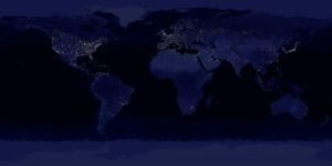 Composite image of the Earth at night, created by NASA and NOAA. The brightest areas of the Earth are the most urbanized, but not necessarily the most populated. Even more than 100 years after the invention of the electric light, some regions remain thinly populated or unlit.