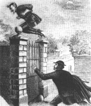 Picture from a penny dreadful of Spring Heeled Jack jumping over a gate.