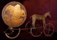 The Trundholm sun chariot pulled by a horse is a sculpture believed to be illustrating an important part of Nordic Bronze Age mythology.