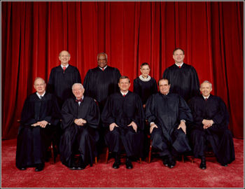 The Justices of the Supreme Court of the United States as of 2006. Top row (left to right): Stephen G. Breyer, Clarence Thomas, Ruth Bader Ginsburg, and Samuel A. Alito. Bottom row (left to right): Anthony M. Kennedy, John Paul Stevens, Chief Justice John G. Roberts, Antonin G. Scalia, and David H. Souter.