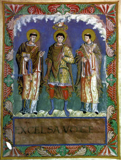 A Frankish king (center), like Charlemagne, depicted in the Sacramentary of Charles the Bald (about 870).