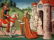 The Frankish king Charlemagne was a devout Catholic who maintained a close relationship with the papacy throughout his life. In 772, when Pope Hadrian I was threatened by invaders, the king rushed to Rome to provide assistance. Shown here, the pope asks Charlemagne for help at a meeting near Rome.