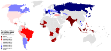 World map based on the results of a 2002 Pew Research Center study on the importance of religion.