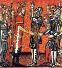 Roland pledges his fealty to Charlemagne in an illlustration taken from a manuscript of a chanson de geste.