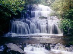 Purakaunui Falls, 17 km (11 mi) southwest of Owaka.