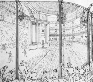 The present-day Theatre Royal in Drury Lane, sketched when it was new, in 1813.