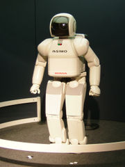 ASIMO, currently the world's most advanced humanoid robot, is under development by Honda. Shown here at Expo 2005.