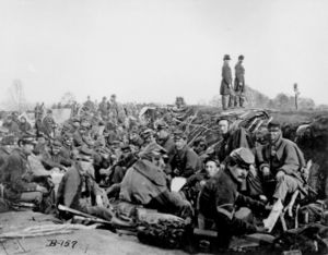 United States Civil War: Union Army Soldiers of 6th Corps, Army of the Potomac, in trenches before storming Marye's Heights at the 2nd Battle of Fredericksburg during the Chancellorsville campaign, Virginia, May 1863