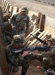 US Marines of Company B, Battalion Landing Team, 1st Battalion, 4th Marines, 11th Marine Expeditionary Unit, perform a trench clearing exercise in Camp Pendleton, Jan. 7, 2004