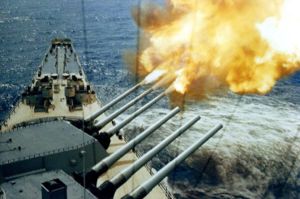 Wisconsin shells North Korean targets during the Korean War