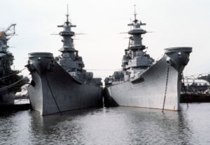 Bow view of the battleships Iowa, right, and Wisconsin, left, in storage at Philadelphia Naval Shipyard.