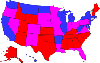 The partisan makeup of the Senate during the 110th Congress, by state. Red states are represented by two Republican Senators; blue states, by two Democratic Senators; magenta states, by one Senator from each party; and grey states, by an Independent and a Democrat.  Connecticut is colored blue, as incumbent Senator Joseph Lieberman, while re-elected by running independently from his affiliated party in 2006, remained a Democrat.