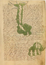 The "biological" section of the manuscript has dense text and illustrations showing nude women bathing.